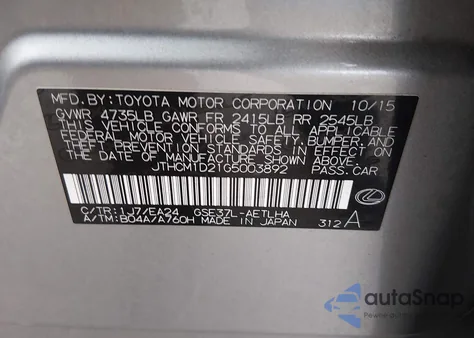 2016 Lexus Is 300 from USA, damaged, VIN JTHCM1D21G5003892